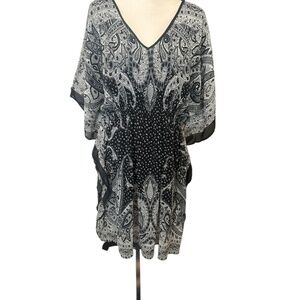 MPH Collection Black White Paisley Kaftan Midi Dress Boho Chic Stretch Waist